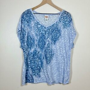Ruby Rd Womens Top 2X Blue White Burnout Medallion Print Short Sleeve Tee Boho